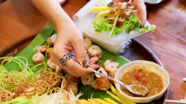 Hands Preparing Vietnamese Nem Nuong Spring Rolls with Pork and Peanut Sauce