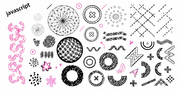 Hand drawn javascript doodles and abstract geometric shapes in pink and black