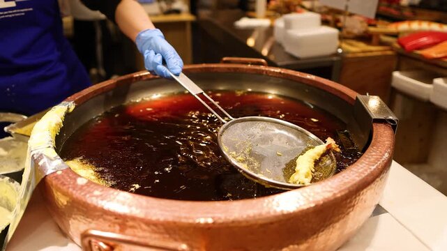 Chef Deep Frying Japanese Tempura Shrimp in Large Copper Pot