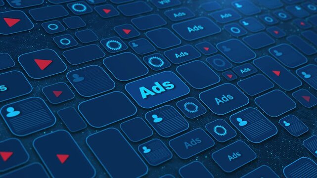 Human Hand click on Digital Advertising Network Grid Ads and User Profile Icons. ad-tech and targeting. grid of interface buttons labeled Ads mixed user profile symbols. Digital marketing strategy