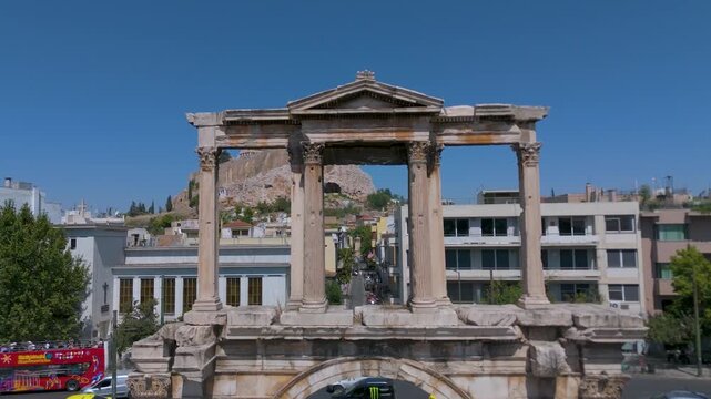 Athens, Greece: Aerial view of Hadrian&rsquo;s Arch and the ancient ruins of Athens on a sunny day.