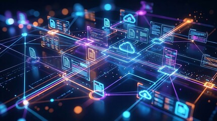 Fototapeta premium Futuristic abstract digital data network with glowing cloud computing icons and high tech information connection lines, technology