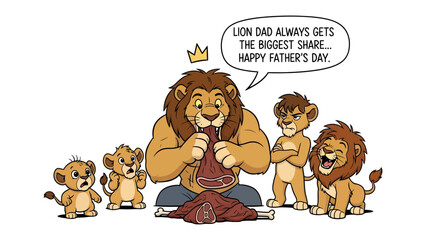 Lion Dad's Feast: A cartoon captures the essence of Father's Day, with a strong lion, his mane a golden crown, enjoying the biggest portion of the meal while his cubs watch with a mix of expressions. © Azizun