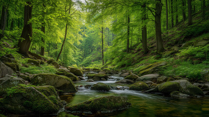 Fototapeta premium Serene forest stream winding through a lush green valley with moss covered rocks and vibrant beech trees in a peaceful woodland landscape during a bright summer day with soft natural lightin