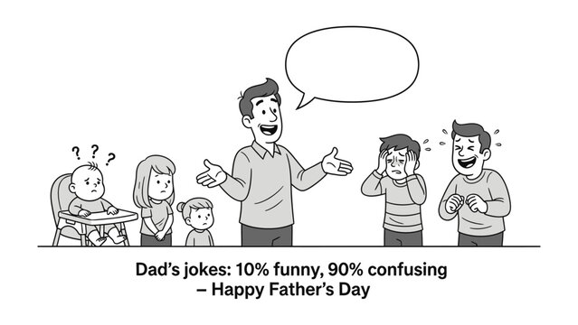 Father's Day Dad Joke: A humorous cartoon portrays a dad telling a joke to his family on Father's Day, with varying reactions from his children.