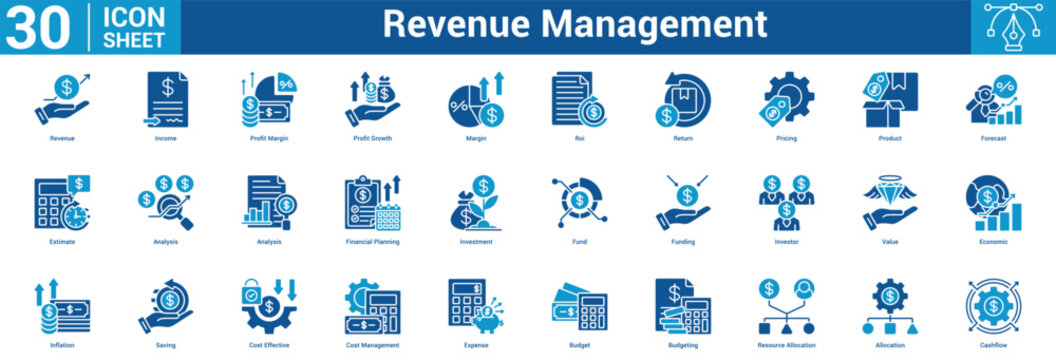 Revenue Management editable icon set vector illustration concept for business with icon of Revenue, Income, Profit Margin, Profit Growth, Margin, Roi, Return, Pricing, Product, Forecast, Estimate.