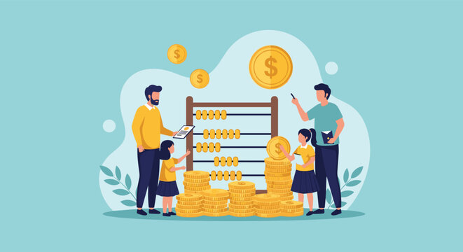 Parents teaching their young children about financial literacy and the value of saving money using an abacus and gold coins.