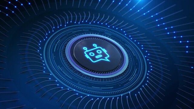 Human Hand click on Futuristic smart technology AI chatbot icon interface digital network nodes data lines animation background for artificial intelligence, automation, customer support technology