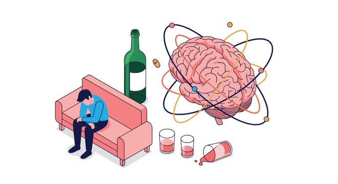 Man suffering from depression and addiction sitting on a sofa next to a large brain and bottles representing mental health.