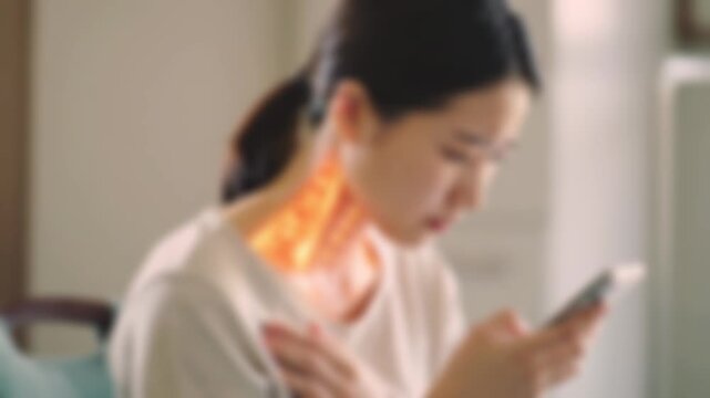 ぼかし背景素材: スマホを使用中に首や肩の痛みを感じる女性  ストレートネック・スマホ首・肩こり