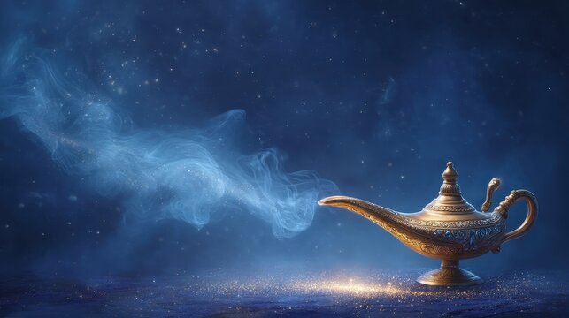 Serene and Mystical Aladdin Lamp with Ethereal Smoke in a Dreamlike Topaz Setting, Capturing Enchantment and Imagination