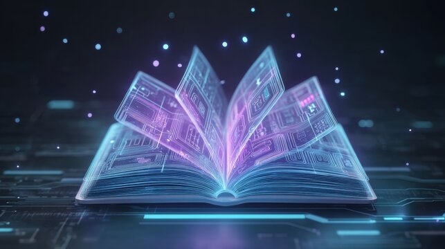 Glowing Open Book with Translucent Pages and Digital Patterns on a Dark Background in a Futuristic Style