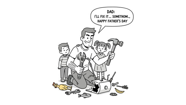 Father's Day Fix-It: A humorous father's day illustration depicting a father surrounded by his children as he attempts to fix something.