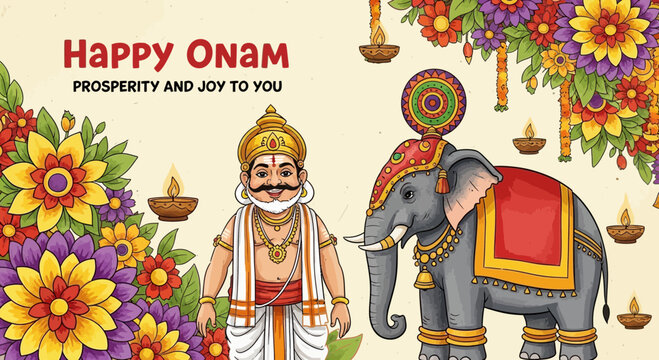Happy Onam Festival Celebration with Elephant, Flowers, and Traditional Indian Man