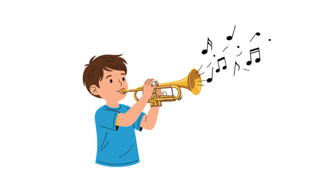 Young boy in a blue shirt plays a golden trumpet with colorful musical notes floating out from the bell of the instrument.