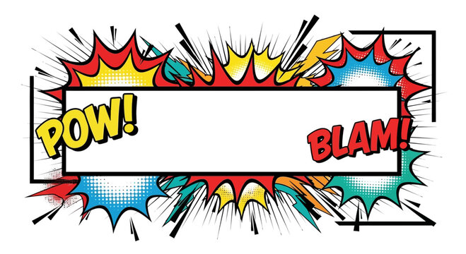 Comic Book Explosion Frame with POW and BLAM Text, Retro Pop Art Style