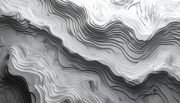 A grayscale abstract illustration of wavy layered topographic lines