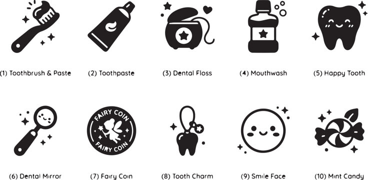 Dental care including toothbrush toothpaste floss mirror coin charm smiley and mint candy dental floss