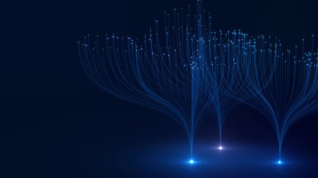 Abstract Fiber Optic Data Flow Glowing Network Streams flowing connections light nodes on background. telecom high speed internet, data transfer, cloud networking, futuristic technology presentations.