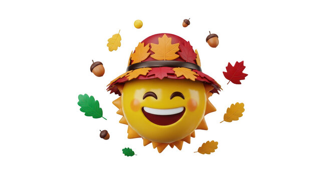 A smiling sun wearing a green hat and surrounded by colorful stars