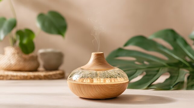 Wooden Essential Oil Diffuser with Mist and Tropical Monstera Leaves