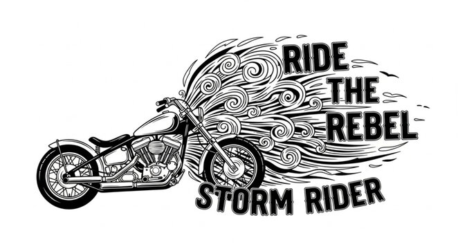 Motorcycle with abstract storm effect and rebel text.