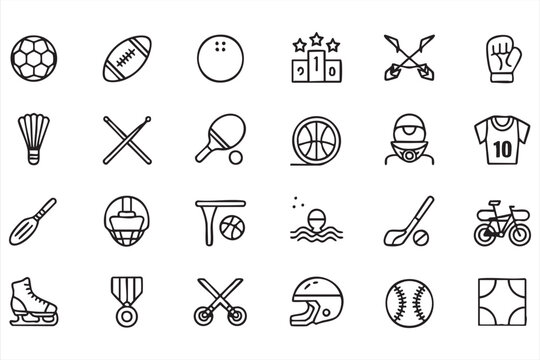 Sports icon set, game equipment athlete training competition symbols