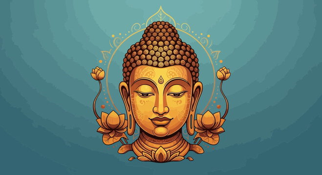 Golden Buddha Head with Lotus Flowers and Mandala Background