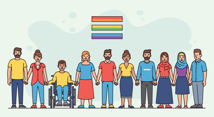 Diverse group of people holding hands, symbolizing equality and inclusion, with a rainbow equality symbol above. © ejalani