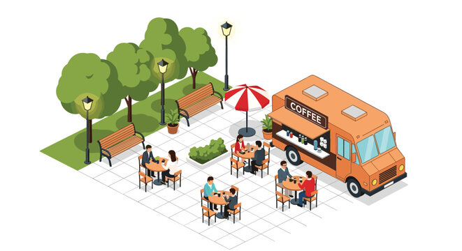 Isometric view of a mobile coffee truck parked in a city park with customers enjoying drinks and food at outdoor cafe tables.