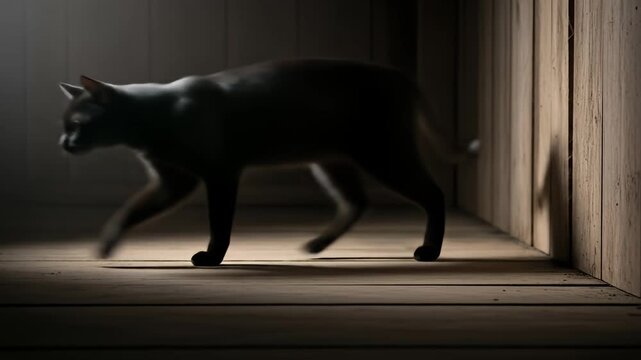 Black cat crouches on a plank floor near a wooden wall, lit by moody lighting