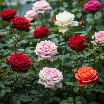 A vibrant garden bed featuring a variety of colorful blooming rose bushes.