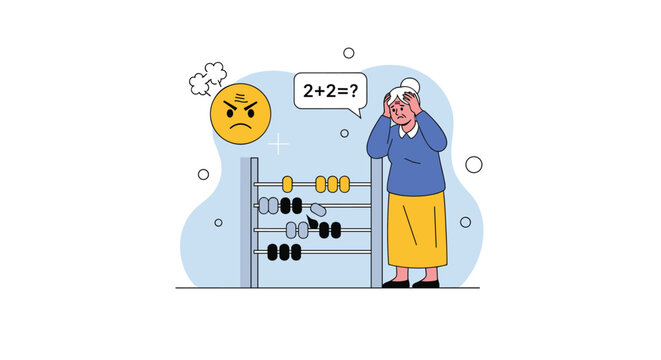 Frustrated senior woman experiences confusion and cognitive difficulty while trying to solve a simple math problem using an abacus.
