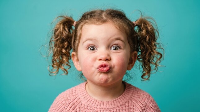 Funny little girl with curly pigtails making a silly fish face expression against a bright blue background, expression