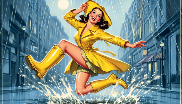 A pin-up girl in a raincoat and boots, jumping in a puddle, Ai generated image