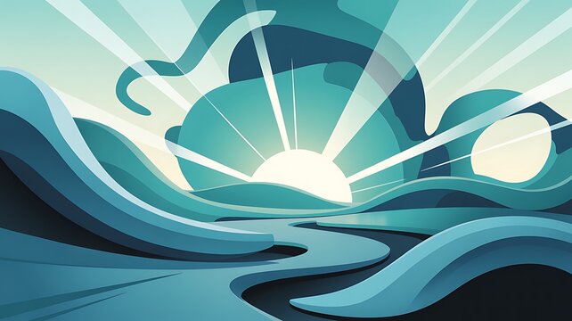 Abstract vector illustration depicting sunrise over serene ocean waves and winding river in cool color palette