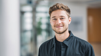 Obraz premium Smiling man in dark shirt with focused gaze ready for anything in an open office setting blurred background with modern design