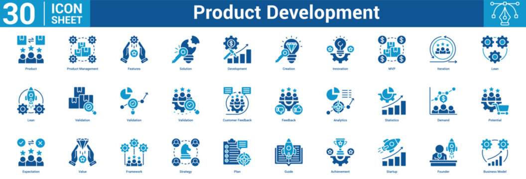 Product Development editable icon set vector illustration concept for business with icon of Product, Product Management, Features, Solution, Development, Creation, Innovation, MVP, Iteration, Lean.