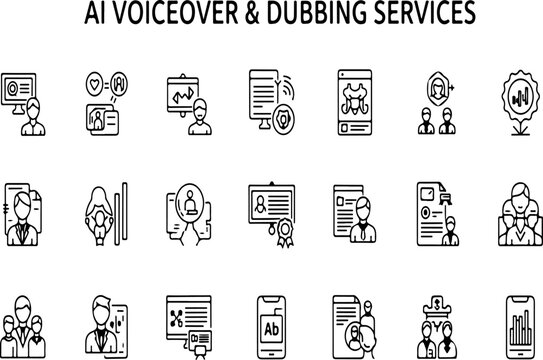 AI voiceover and dubbing services icon set, artificial intelligence speech synthesis vector elements, 18 black line icons for automated narration