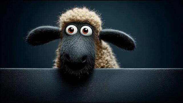Cute fluffy sheep peeking over edge with wide eyes in humorous minimalist scene on dark background