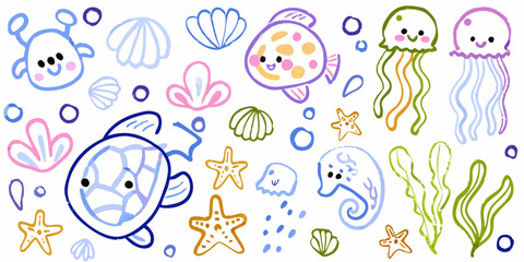 Colorful doodle illustration of various cheerful sea creatures and plants © Hridoy