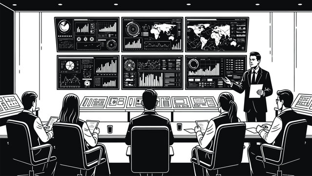 High tech surveillance room with analysts monitoring multiple screens displaying complex data and imagery