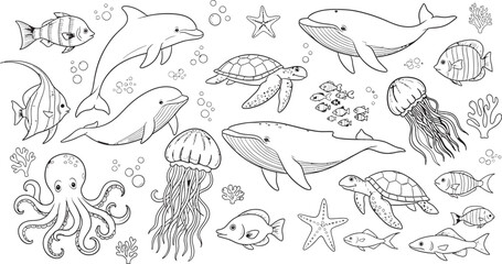 Fototapeta premium Whimsical sketchbook page of marine life dolphins whales fish and other sea creatures