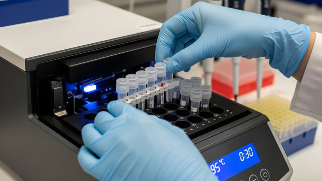 Scientist loading test tubes into a thermal cycler machine.