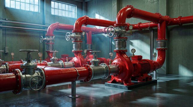 Complex industrial piping system featuring vibrant red pipes, robust pumps, and essential control valves. Ideal for engineering concepts