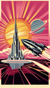 A vintage space travel poster urging to Visit the Vibrant Venusian Cloud Cities, Ai generated image