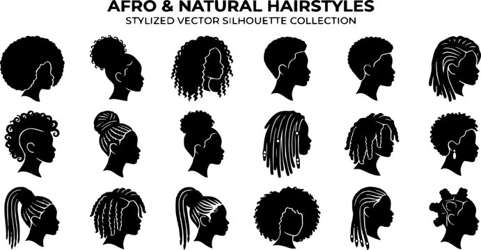 Set of silhouette afro girl. Collection of black woman face with stylized hairstyle. Vector illustration of girl head with stylized haircut.
