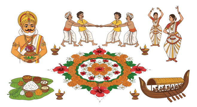 Onam Festival Celebration in Kerala: Traditional Art, Food, Dance, and Boat Race