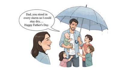 Father's Day in the Rain: A loving family celebrates Father's Day, with a mother expressing gratitude for their father, who stands protectively under an umbrella with his children. © Atiya