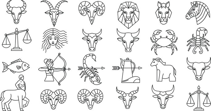 "Set of Zodiac and Astrology Symbols Featuring Animal Icons and Constellations for Horoscope, Astrology, and Spiritual Designs"